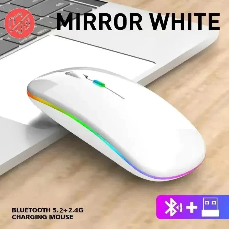 Mouse sem fio recarregável silencioso com retroiluminação LED para PC e laptop, receptor de 2,4 GHz Bluetooth, modo duplo, mouse óptico