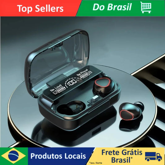 Fone de ouvido Bluetooth 5.1 com estojo digital LED, à prova d'água, bateria de longa duração, controle por toque