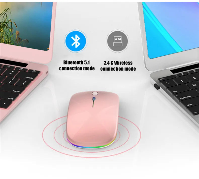 Mouse sem fio recarregável silencioso com retroiluminação LED para PC e laptop, receptor de 2,4 GHz Bluetooth, modo duplo, mouse óptico