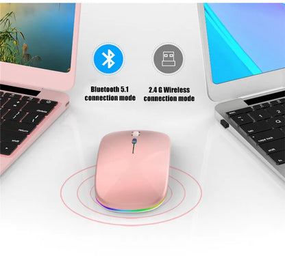 Mouse sem fio recarregável silencioso com retroiluminação LED para PC e laptop, receptor de 2,4 GHz Bluetooth, modo duplo, mouse óptico