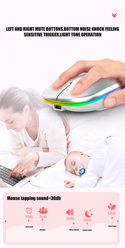 Mouse sem fio recarregável silencioso com retroiluminação LED para PC e laptop, receptor de 2,4 GHz Bluetooth, modo duplo, mouse óptico