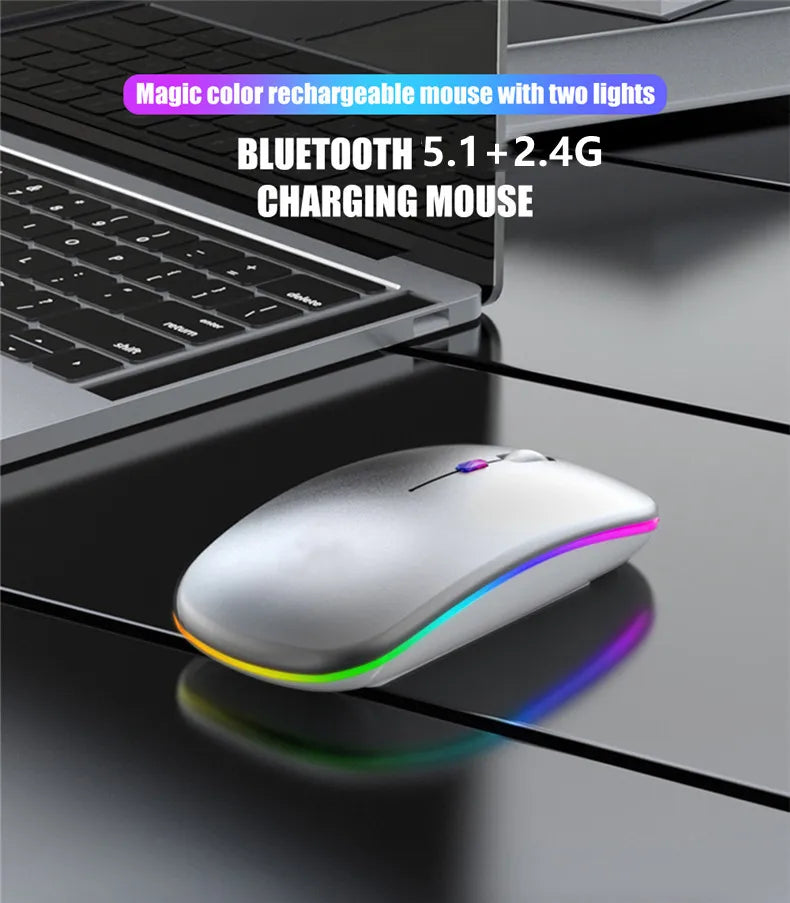 Mouse sem fio recarregável silencioso com retroiluminação LED para PC e laptop, receptor de 2,4 GHz Bluetooth, modo duplo, mouse óptico