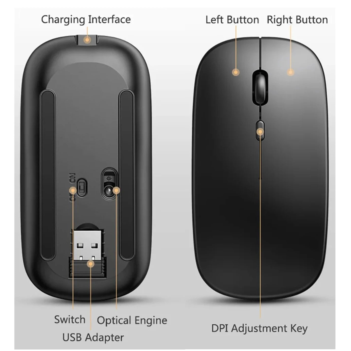 Mouse Bluetooth recarregável sem fio, modo duplo 5.2, silencioso, ergonômico para jogos de computador, 2.4 USB para PC e laptops