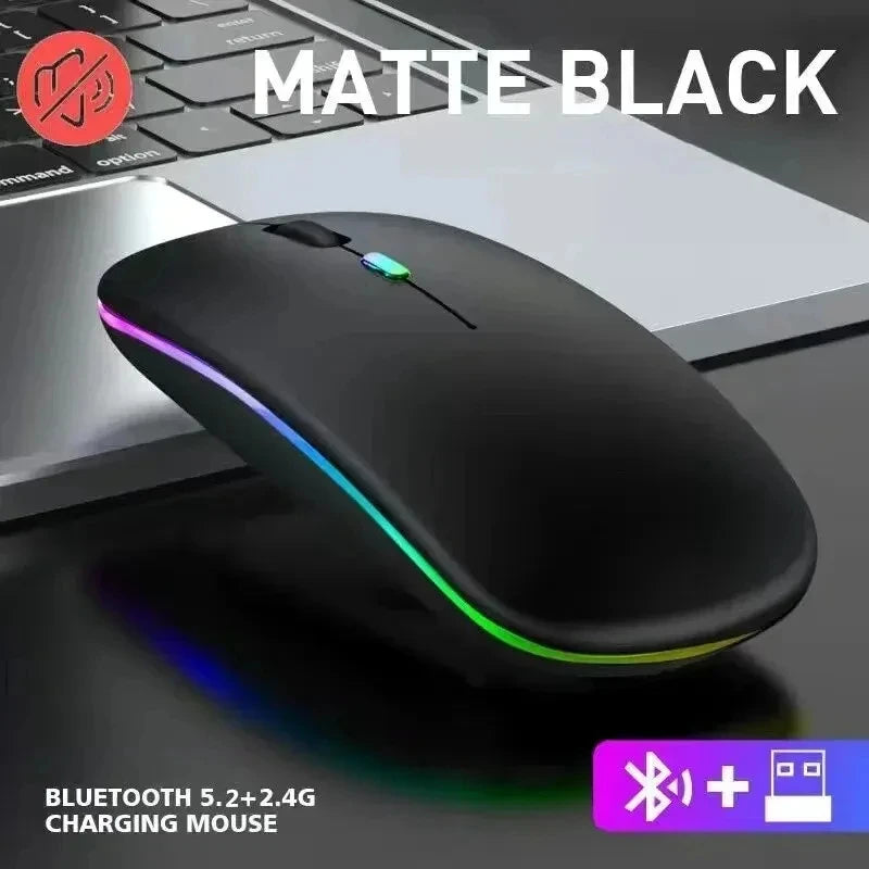 Mouse sem fio recarregável silencioso com retroiluminação LED para PC e laptop, receptor de 2,4 GHz Bluetooth, modo duplo, mouse óptico