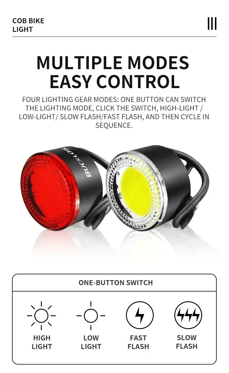 BUCKLOS Bicycle Rear Light Front Light 1100mAh LED COB Waterproof Bike Lamp USB Rechargeable Mtb Road Bike Taillights Bike Parts