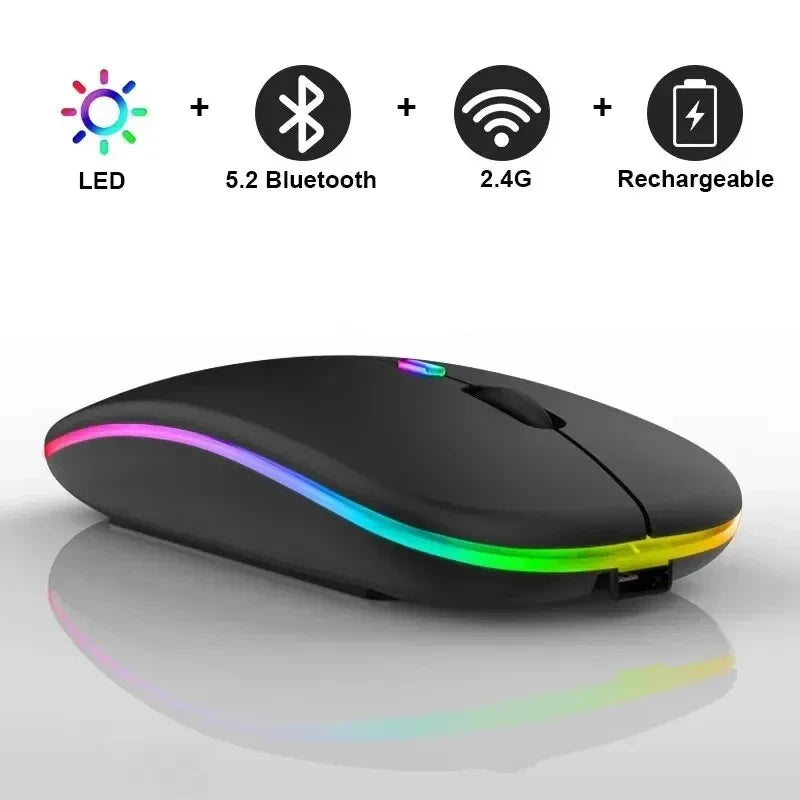 Mouse sem fio recarregável silencioso com retroiluminação LED para PC e laptop, receptor de 2,4 GHz Bluetooth, modo duplo, mouse óptico