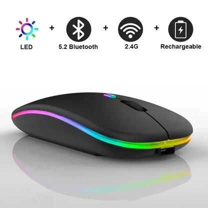 Mouse sem fio recarregável silencioso com retroiluminação LED para PC e laptop, receptor de 2,4 GHz Bluetooth, modo duplo, mouse óptico