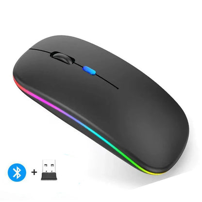 Mouse sem fio recarregável silencioso com retroiluminação LED para PC e laptop, receptor de 2,4 GHz Bluetooth, modo duplo, mouse óptico