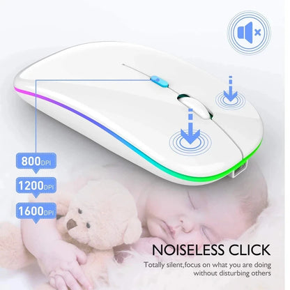 Mouse sem fio recarregável silencioso com retroiluminação LED para PC e laptop, receptor de 2,4 GHz Bluetooth, modo duplo, mouse óptico