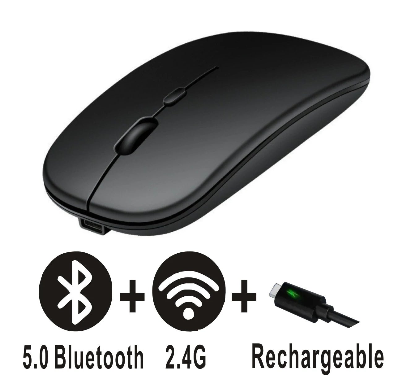 Mouse Bluetooth recarregável sem fio, modo duplo 5.2, silencioso, ergonômico para jogos de computador, 2.4 USB para PC e laptops