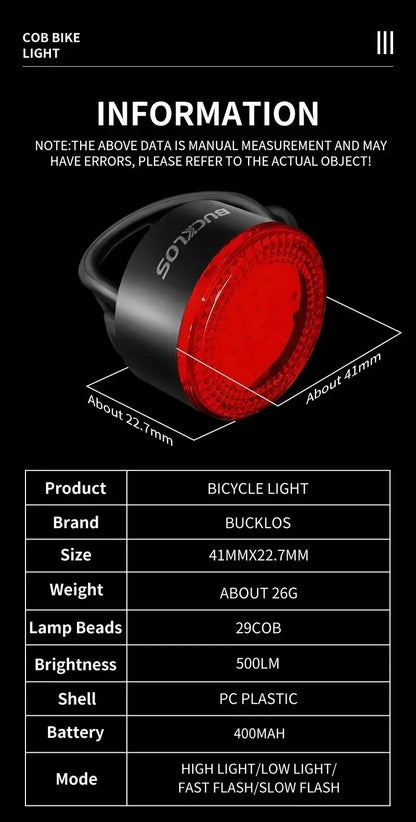 BUCKLOS Bicycle Rear Light Front Light 1100mAh LED COB Waterproof Bike Lamp USB Rechargeable Mtb Road Bike Taillights Bike Parts