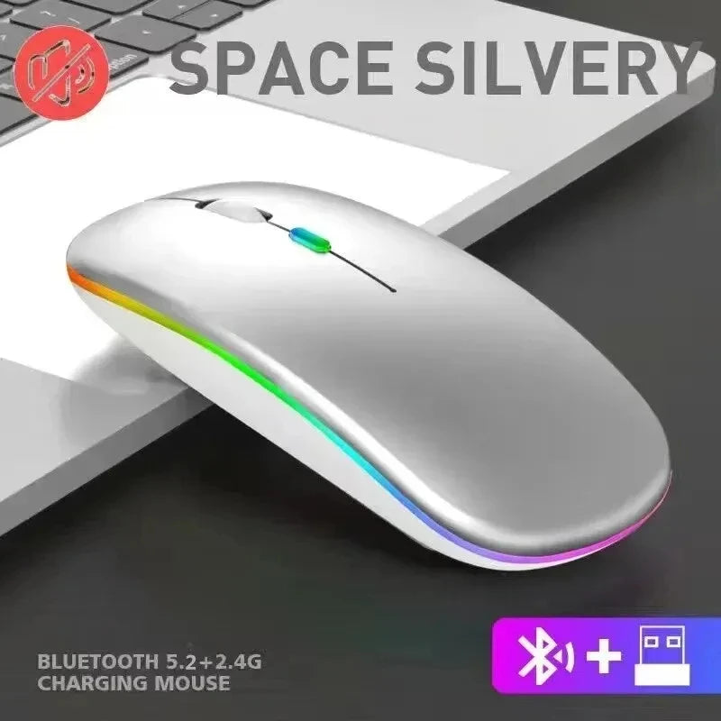 Mouse sem fio recarregável silencioso com retroiluminação LED para PC e laptop, receptor de 2,4 GHz Bluetooth, modo duplo, mouse óptico