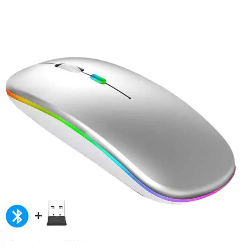 Mouse sem fio recarregável silencioso com retroiluminação LED para PC e laptop, receptor de 2,4 GHz Bluetooth, modo duplo, mouse óptico