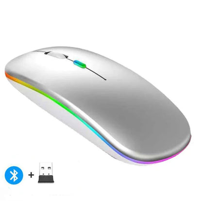 Mouse sem fio recarregável silencioso com retroiluminação LED para PC e laptop, receptor de 2,4 GHz Bluetooth, modo duplo, mouse óptico