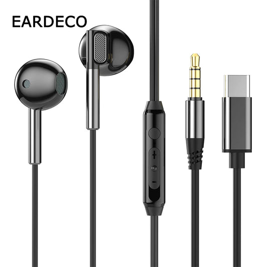 Fone de ouvido com cancelamento de ruído EARDECO 3,5 mm/tipo C, com fio, para graves, alta fidelidade, com fio, microfone estéreo e com fio
