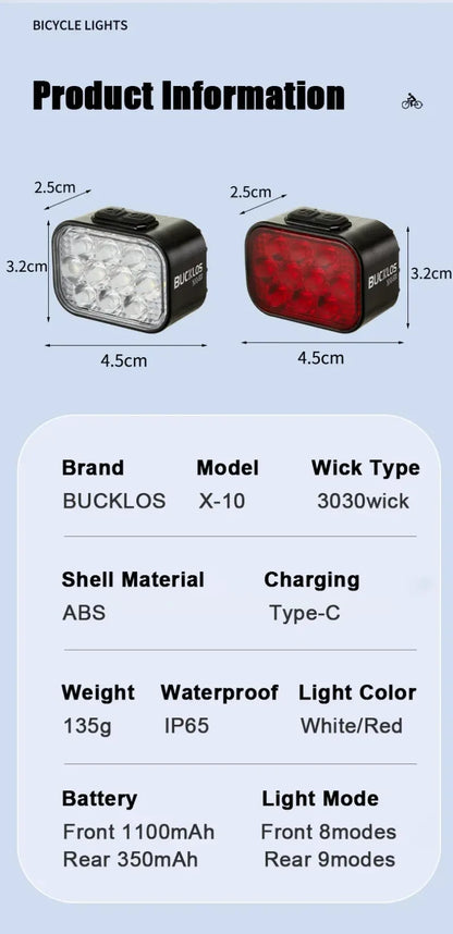 BUCKLOS Bicycle Rear Light Front Light 1100mAh LED COB Waterproof Bike Lamp USB Rechargeable Mtb Road Bike Taillights Bike Parts