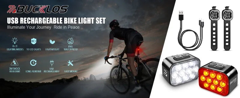 BUCKLOS Bicycle Rear Light Front Light 1100mAh LED COB Waterproof Bike Lamp USB Rechargeable Mtb Road Bike Taillights Bike Parts