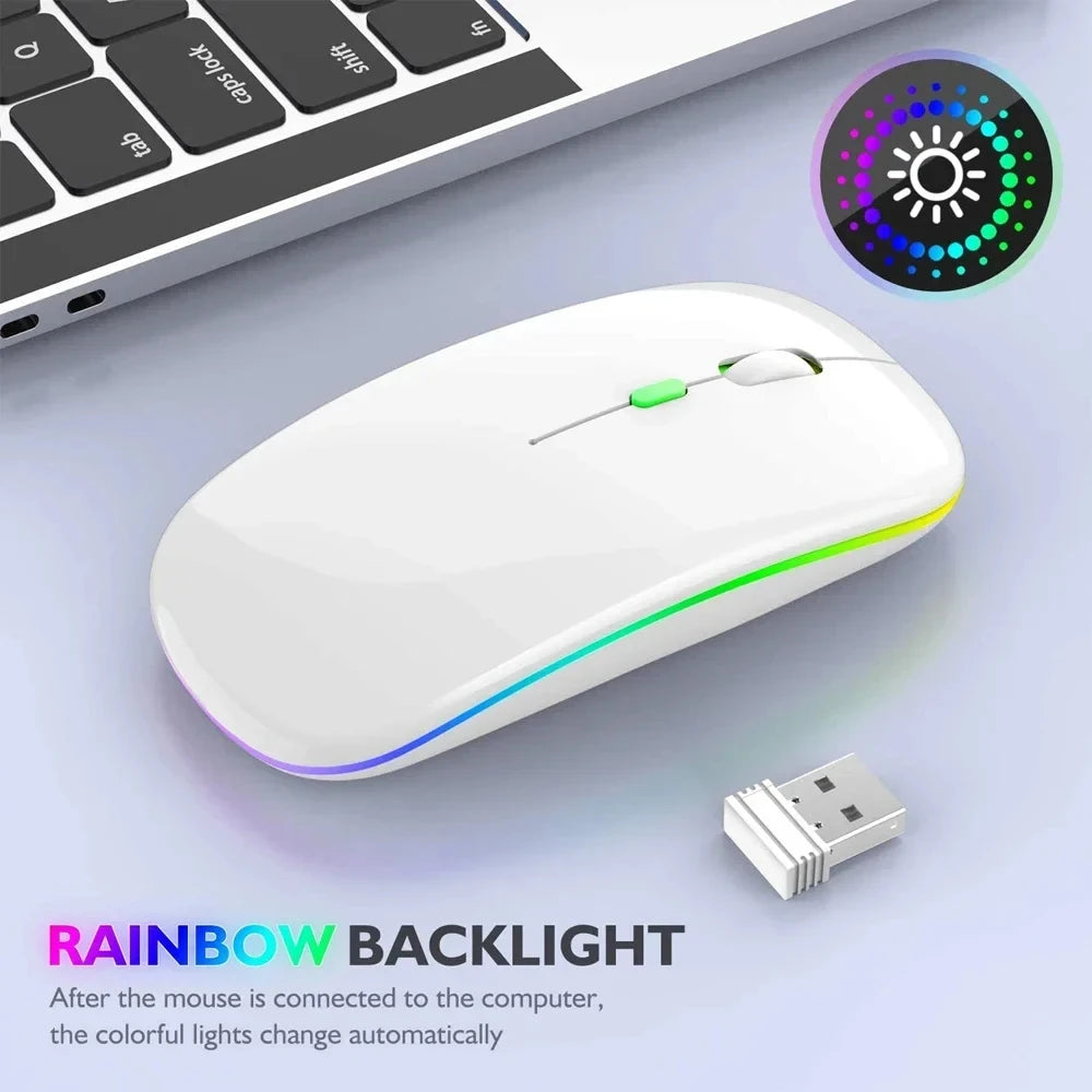 Mouse sem fio recarregável silencioso com retroiluminação LED para PC e laptop, receptor de 2,4 GHz Bluetooth, modo duplo, mouse óptico