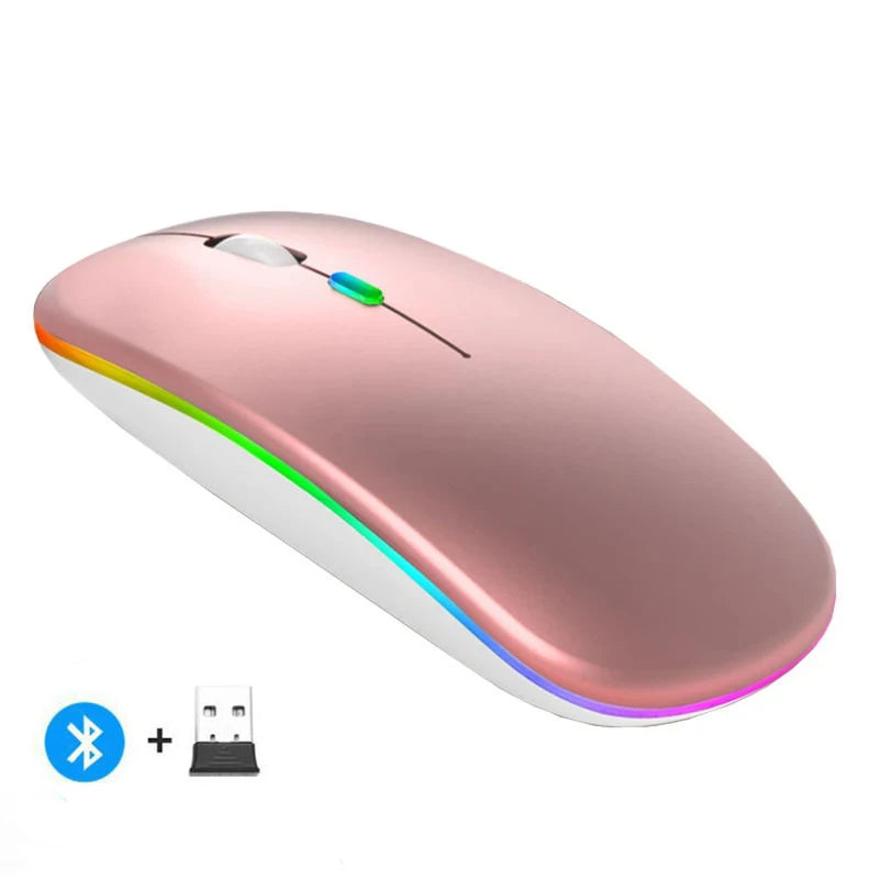 Mouse sem fio recarregável silencioso com retroiluminação LED para PC e laptop, receptor de 2,4 GHz Bluetooth, modo duplo, mouse óptico